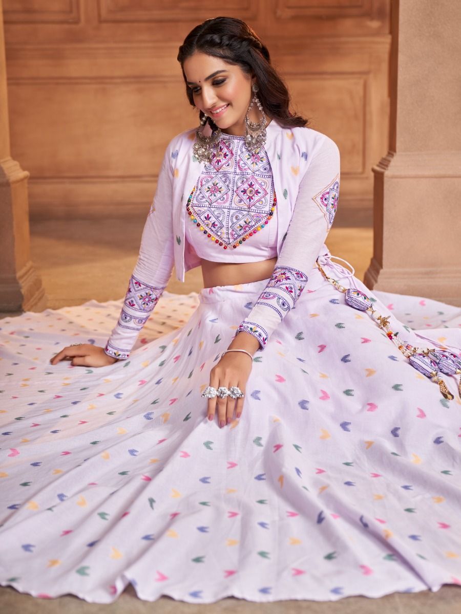 Lovely Lavender Thread Embroidered Cotton Navratri Lehenga Choli With Koti