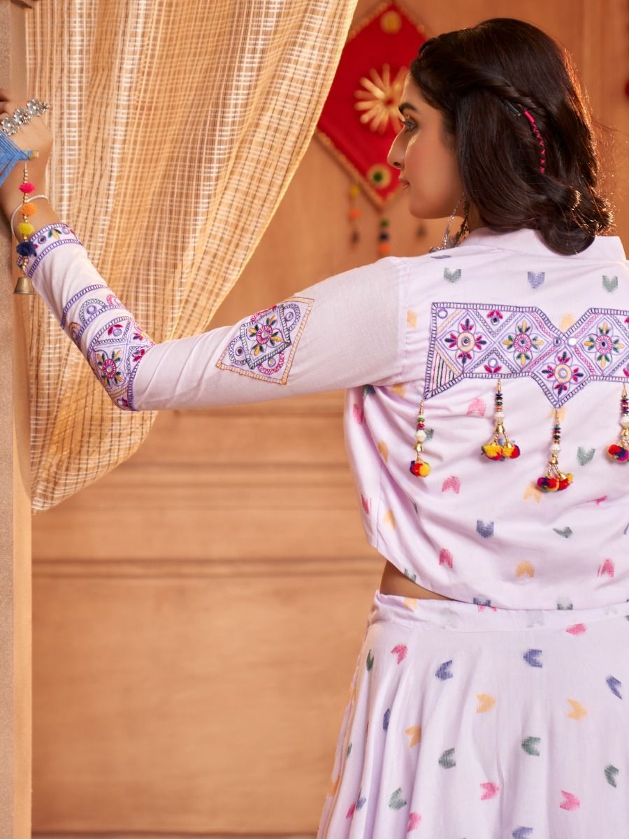 Lovely Lavender Thread Embroidered Cotton Navratri Lehenga Choli With Koti