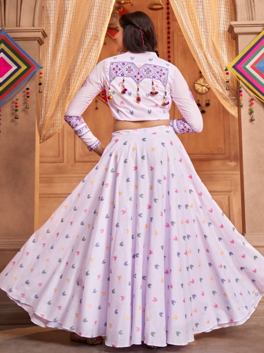 Lovely Lavender Thread Embroidered Cotton Navratri Lehenga Choli With Koti