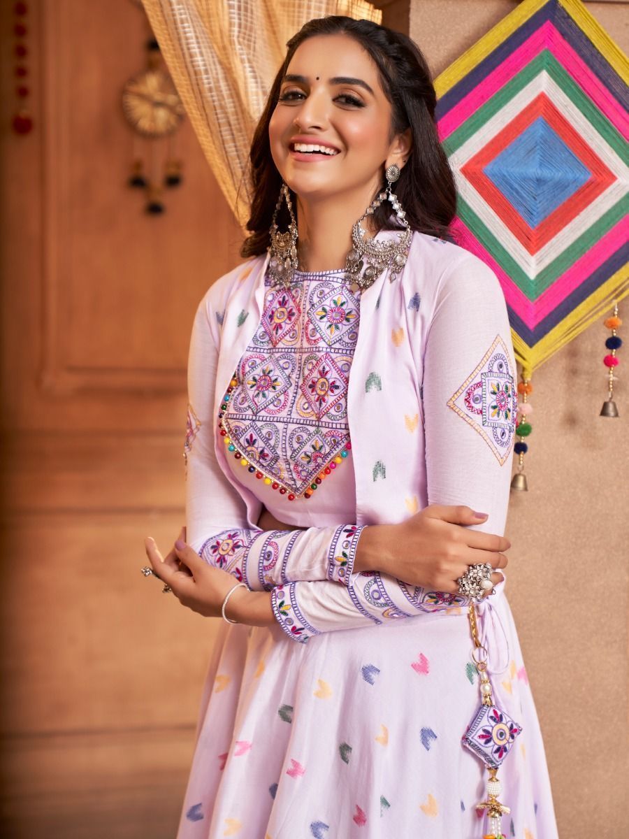 Lovely Lavender Thread Embroidered Cotton Navratri Lehenga Choli With Koti