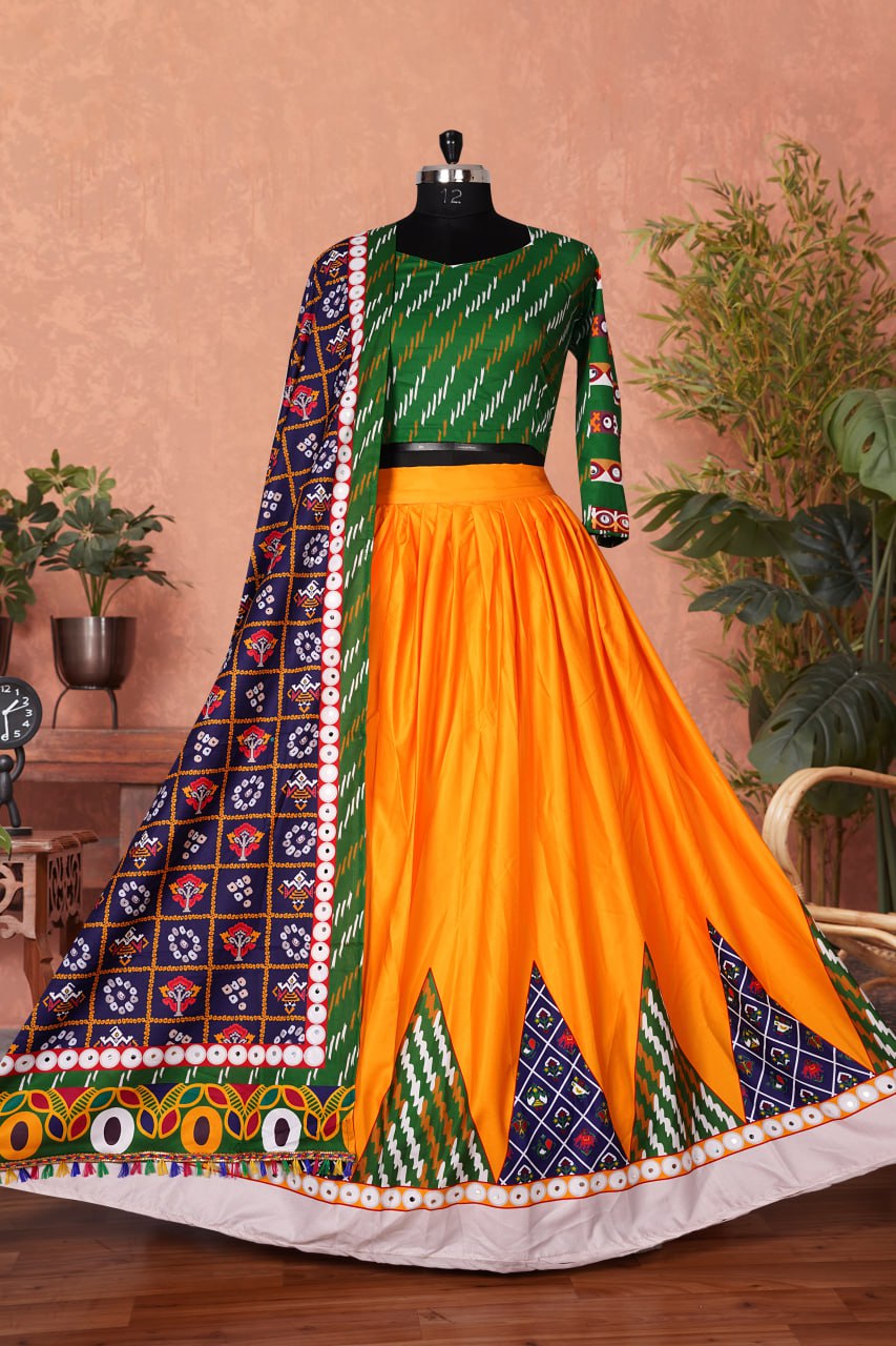 Multicolor Butter Silk Wear RealMirror Work Navratri Festival Lehenga,Designer Indian Navratri Lehenga choli for women USA
