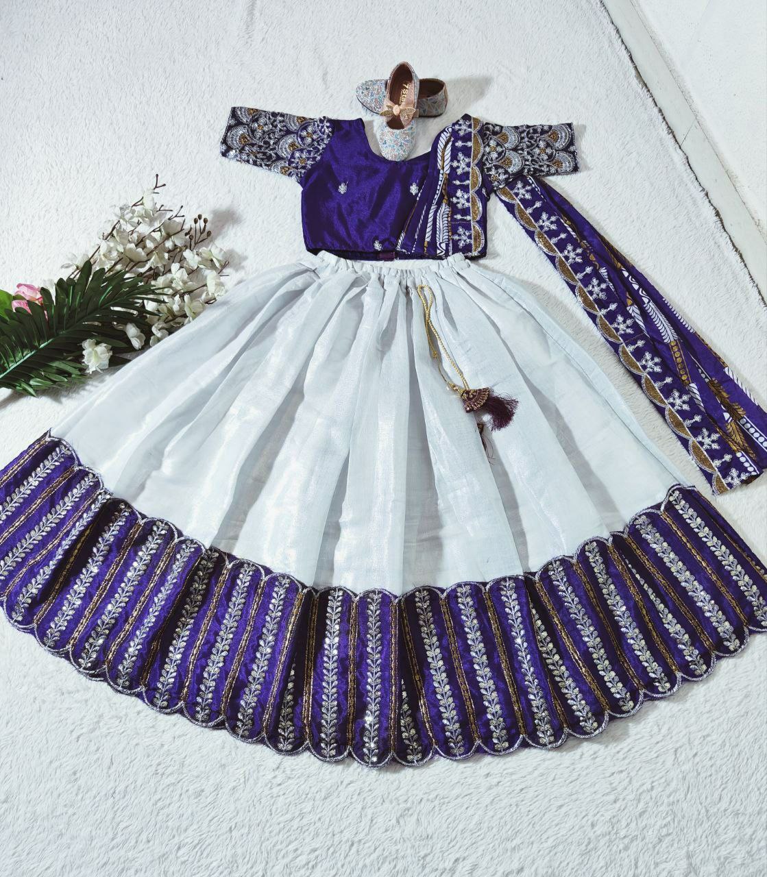 Kids Lehenga for Wedding Wear in Purple Color Chinon With Embroidery