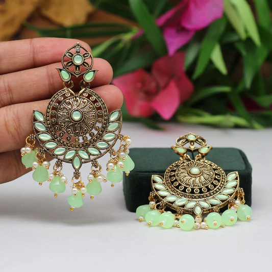 Light Green Color Kundan Antique Earrings