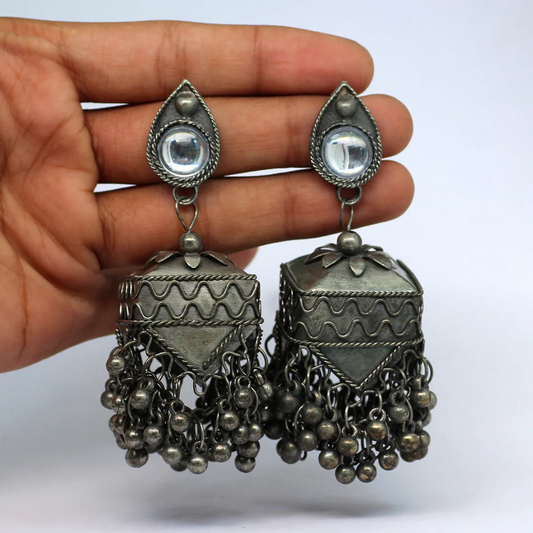 Silver Color Glass Stone Oxidised Earrings