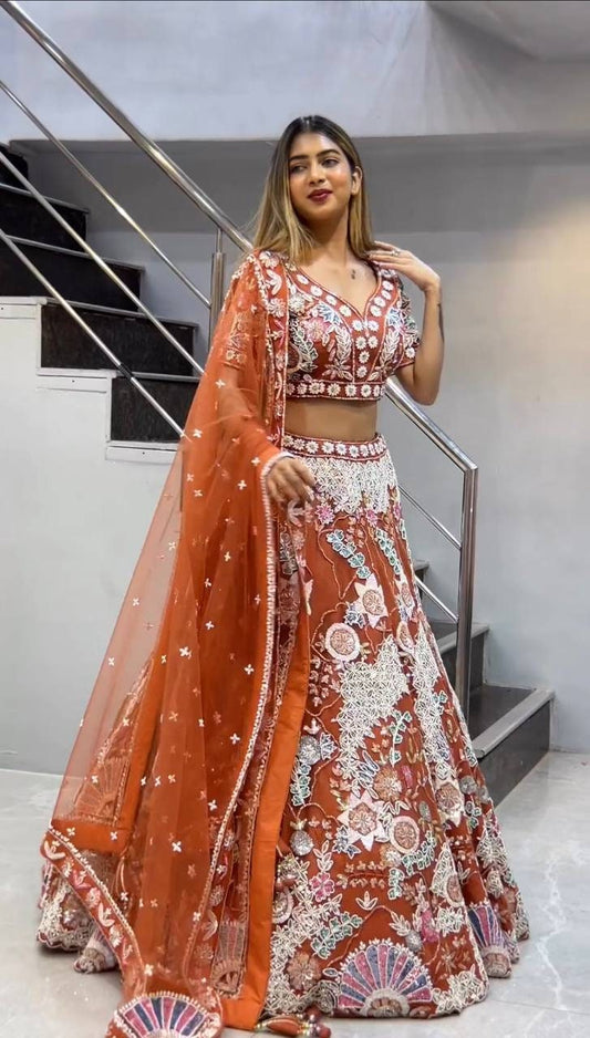 Beautiful orange Soft Net Lehenga Choli - Heavy Embroidery And Sequence Work With Heavy Net Dupatta For Women