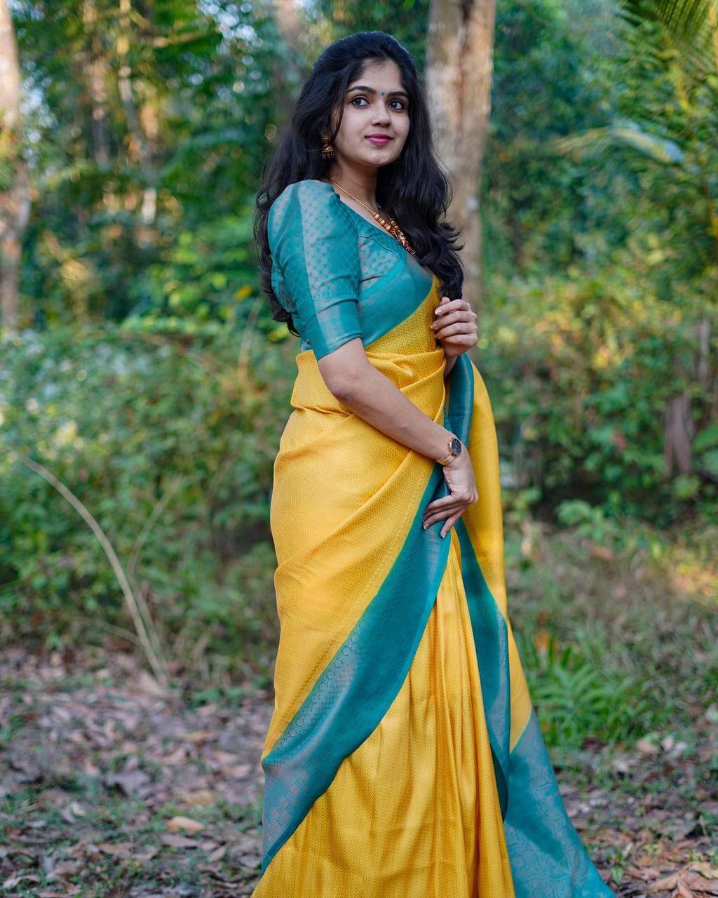 YELLOW & FIROZI COMBINATION PURE SOFT SEMI SILK SAREE WITH ATTRACTIVE BLOUSE PIECE