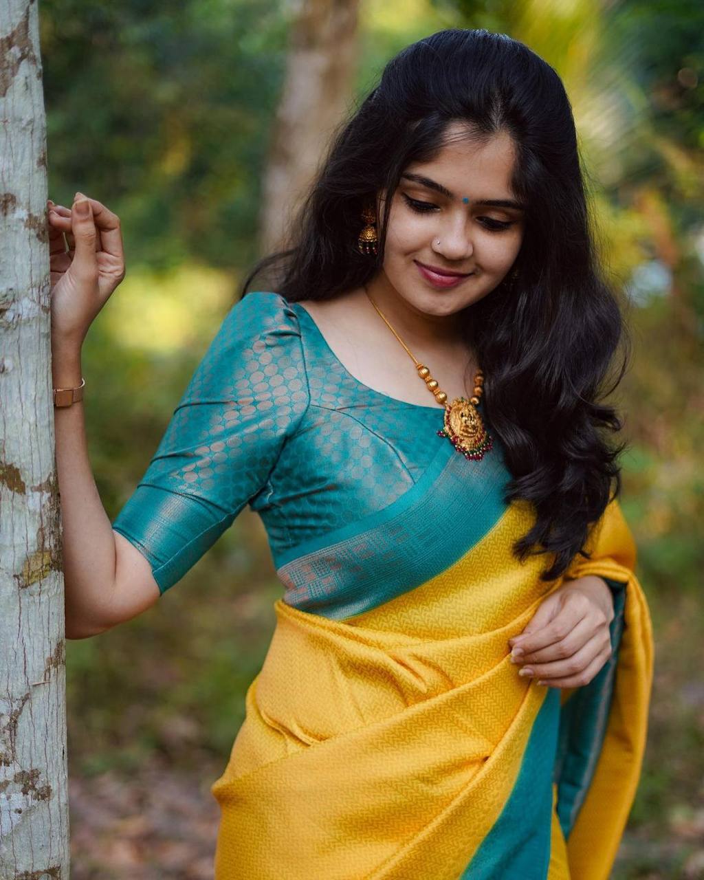YELLOW & FIROZI COMBINATION PURE SOFT SEMI SILK SAREE WITH ATTRACTIVE BLOUSE PIECE