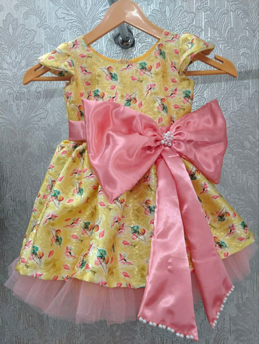 Yellow Printed Jacquard Baby Frock with Pink Bow and Belt