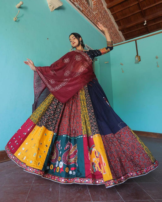 Multicolor cotton print and mirror work gujarati garba navratri lehenga chaniya choli