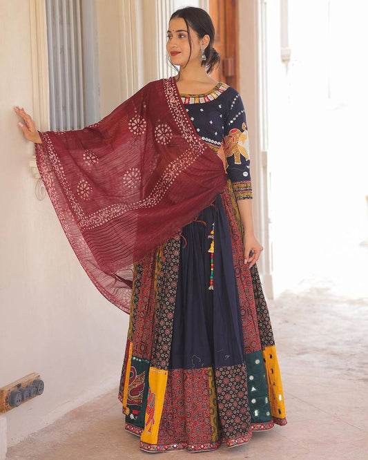 Multicolor cotton print and mirror work gujarati garba navratri lehenga chaniya choli
