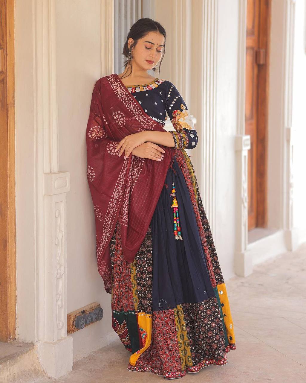 Multicolor cotton print and mirror work gujarati garba navratri lehenga chaniya choli