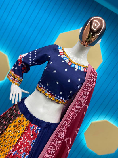 Multicolor cotton print and mirror work gujarati garba navratri lehenga chaniya choli