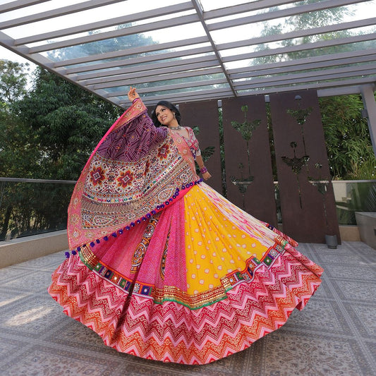 Multi Color Designer Cotton Digital Print Mirror Work Navratri Lehenga Choli