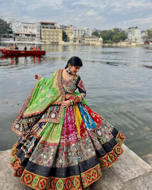 Multi Color Muslin Cotton With Digital Print Real Mirror Navratri Special Lehenga Choli Set