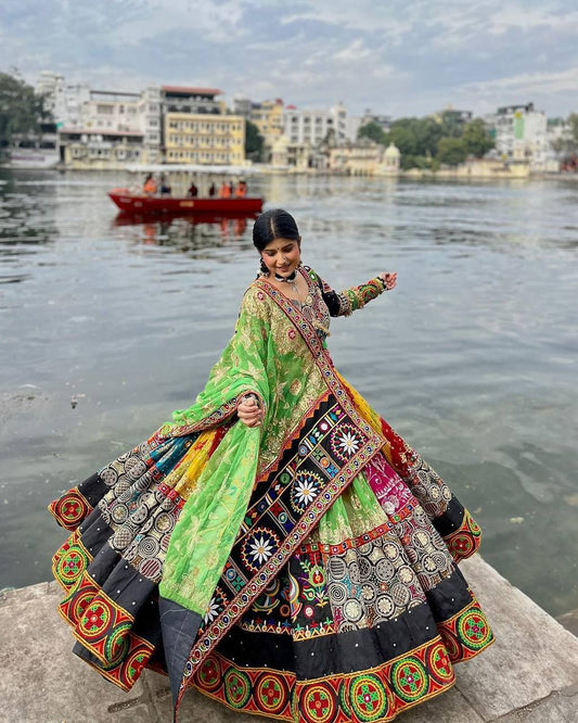 Multi Color Muslin Cotton With Digital Print Real Mirror Navratri Special Lehenga Choli Set
