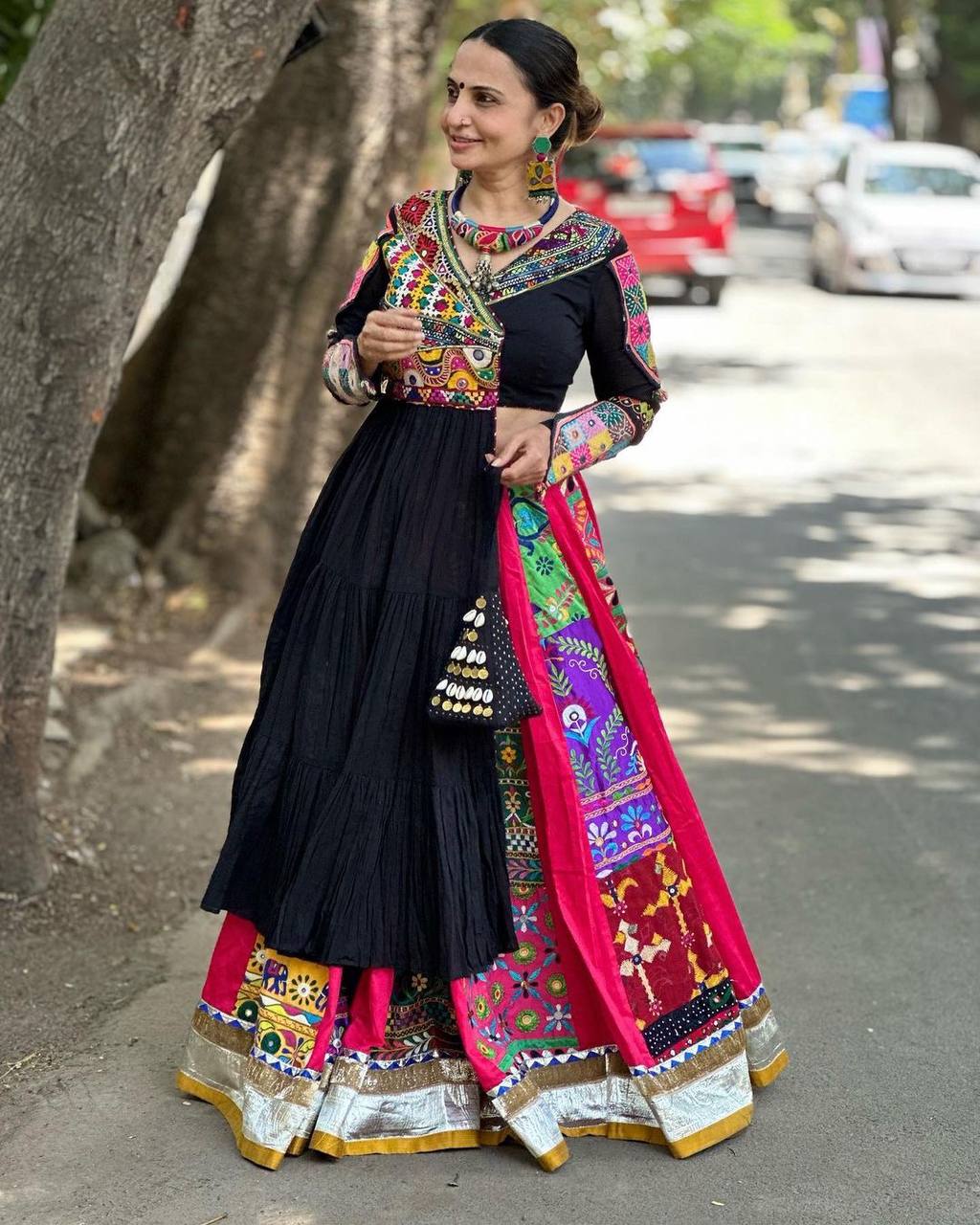 Black cotton print mirror work gujarati garba navratri lehenga chaniya choli