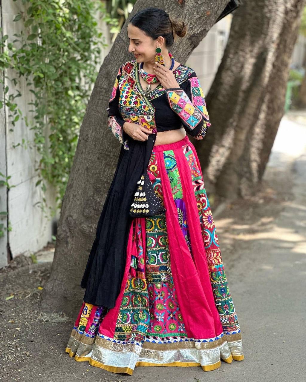 Black cotton print mirror work gujarati garba navratri lehenga chaniya choli