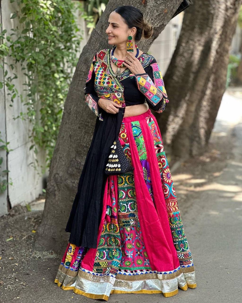 Black cotton print mirror work gujarati garba navratri lehenga chaniya choli