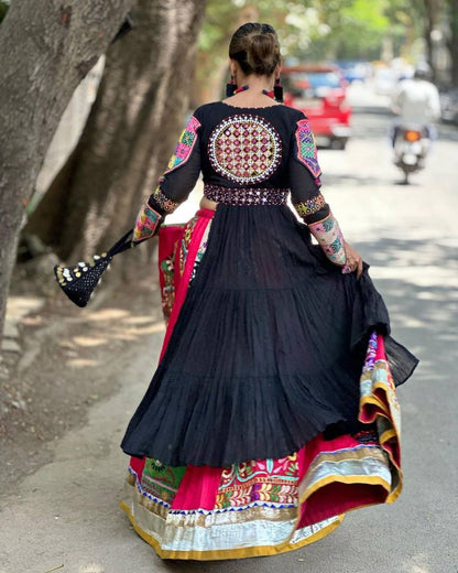 Black cotton print mirror work gujarati garba navratri lehenga chaniya choli