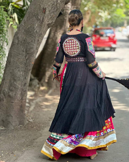 Black cotton print mirror work gujarati garba navratri lehenga chaniya choli