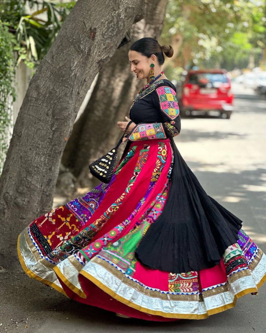 Black cotton print mirror work gujarati garba navratri lehenga chaniya choli