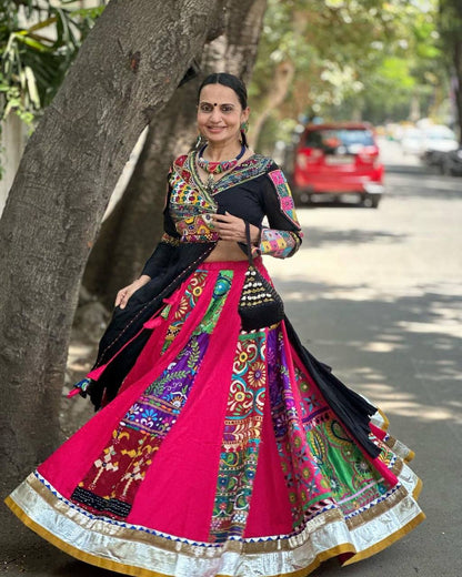 Black cotton print mirror work gujarati garba navratri lehenga chaniya choli