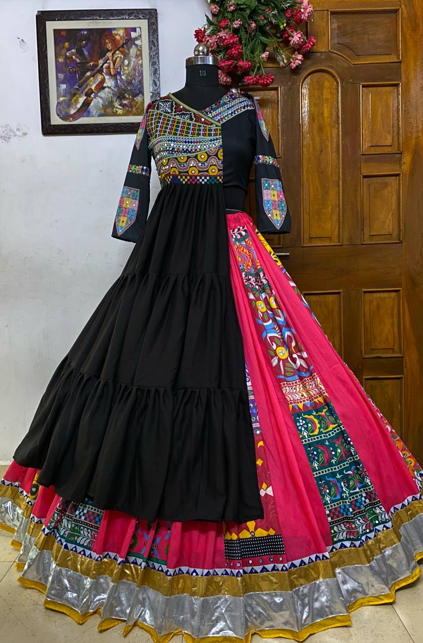 Black cotton print mirror work gujarati garba navratri lehenga chaniya choli