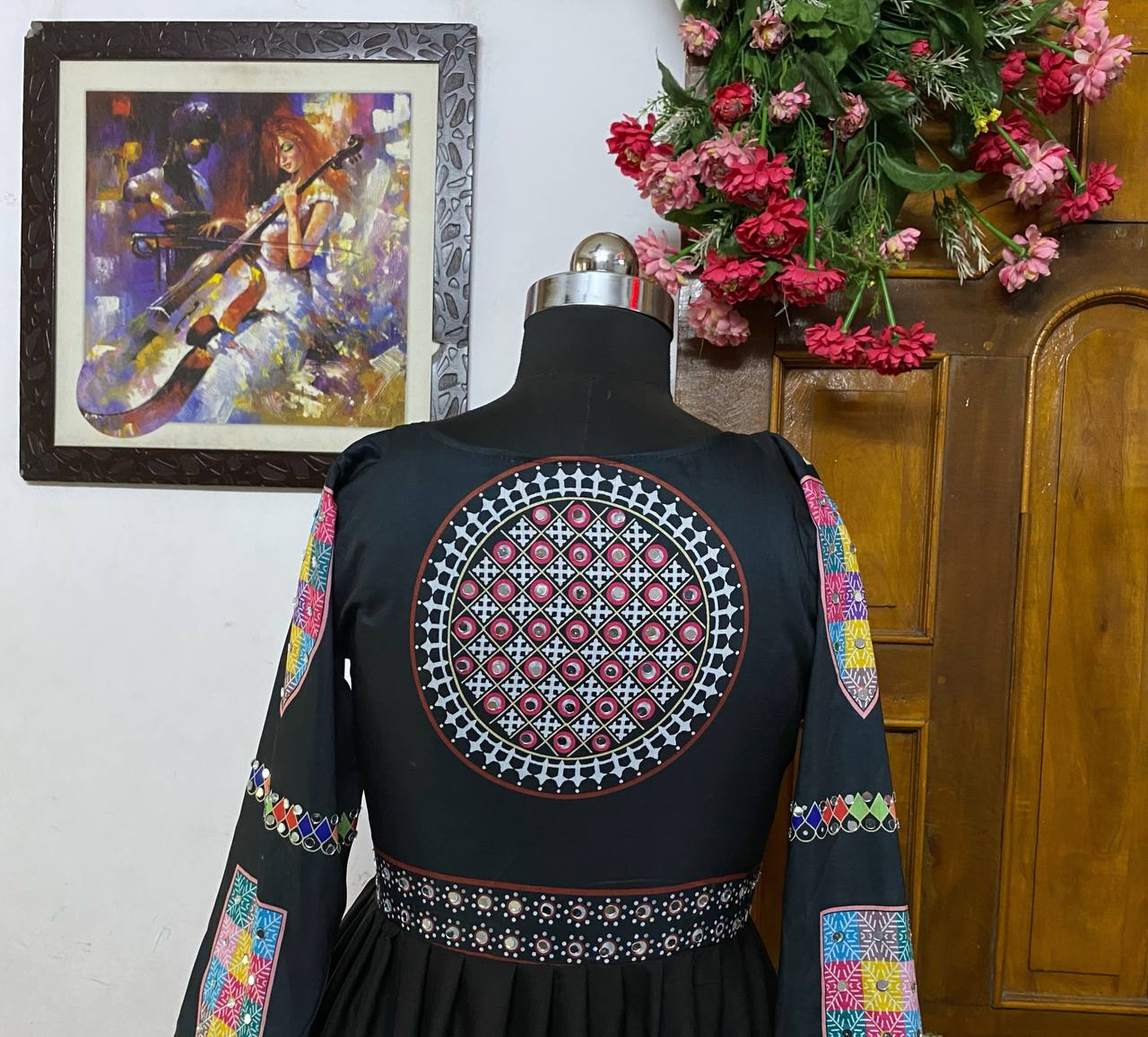 Black cotton print mirror work gujarati garba navratri lehenga chaniya choli