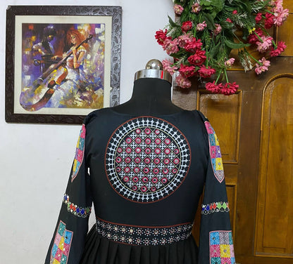 Black cotton print mirror work gujarati garba navratri lehenga chaniya choli