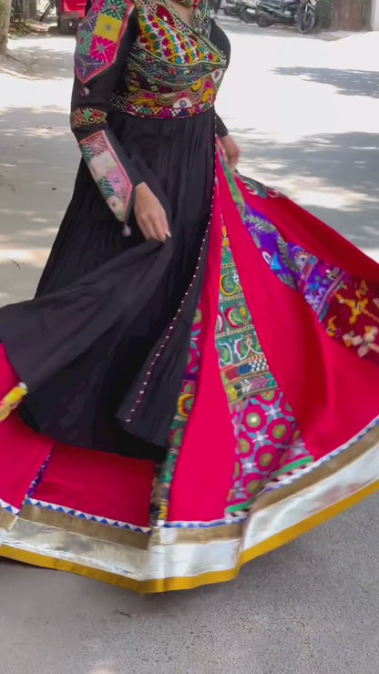 Black cotton print mirror work gujarati garba navratri lehenga chaniya choli