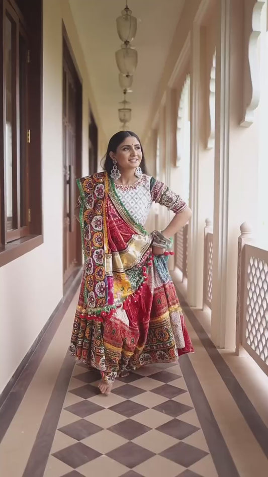 Mirror Work Lehenga Set for Women, Small, Digital Print with Gold Embroidery, Gujrati Dress Garbha Dress