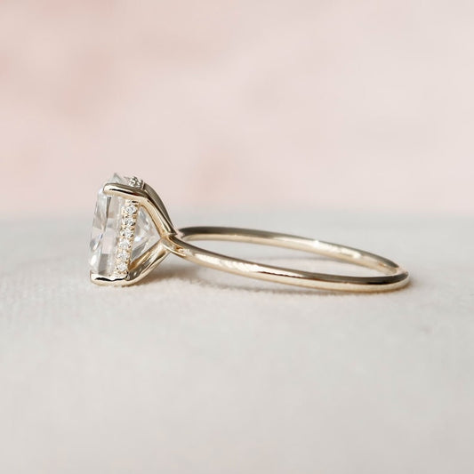 3.87ct Elongated Cushion Moissanite Ring, Hidden Halo, Cushion Solitaire 18K Gold Ring