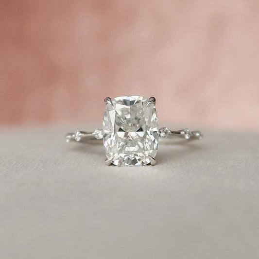 4 CT Cushion Ring, Elongated Cushion Moissanite with Hidden Halo Ring