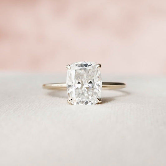 3.87ct Elongated Cushion Moissanite Ring, Hidden Halo, Cushion Solitaire 18K Gold Ring