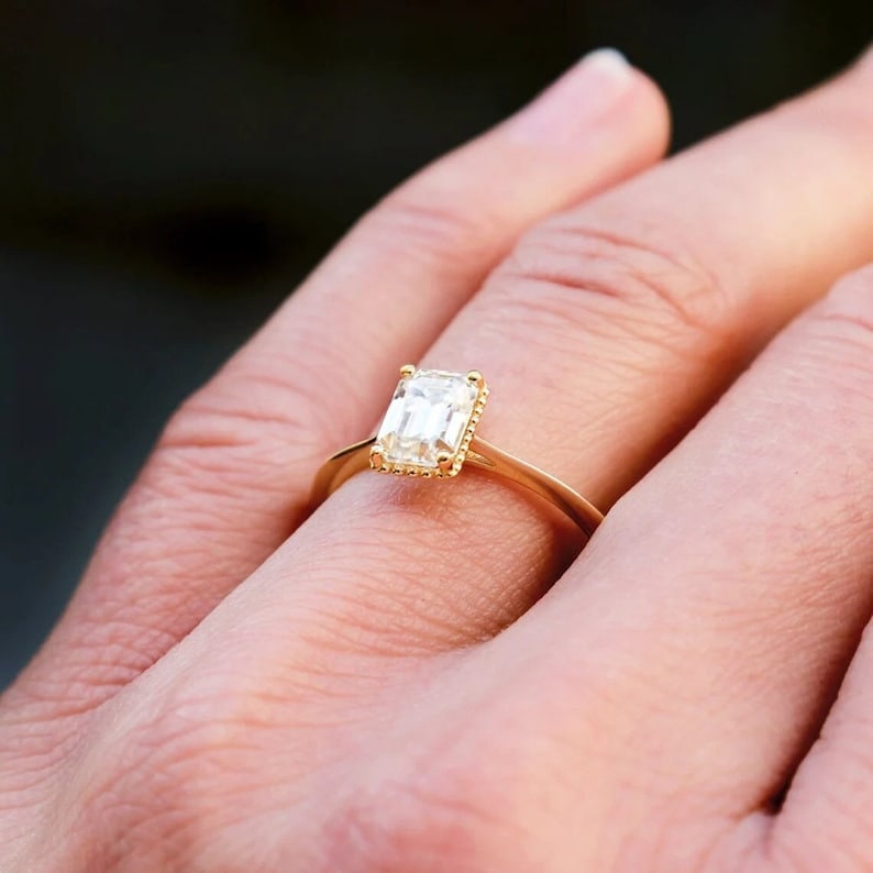 8X6 MM Emerald Cut Moissanite Solitaire Ring 925 Sterling Silver