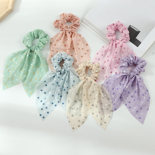 Dotted handmade scrunchie with bow style, light and smooth fabric